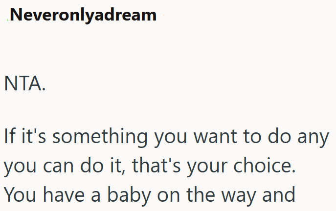 Neveronlyadream NTA. If it's something you want to do any you can do it, that's your choice. You have a baby on the way and