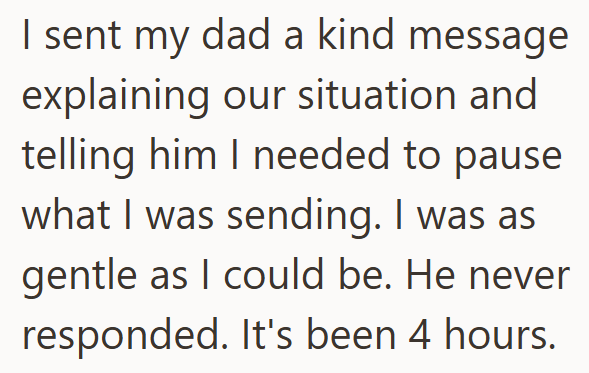 I sent my dad a kind message explaining our situation and telling him I needed to pause what I was sending. I was as gentle as I could be. He never responded. It's been 4 hours.