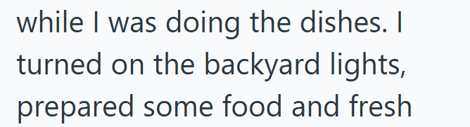 while I was doing the dishes. I turned on the backyard lights, prepared some food and fresh