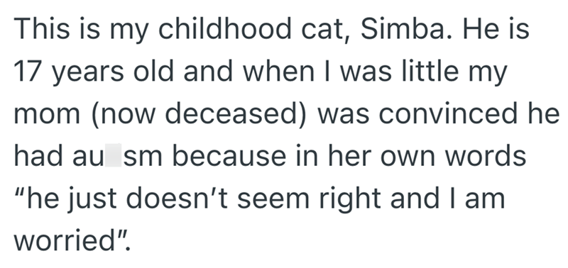 This is my childhood cat, Simba. He is 17 years old and when I was little my mom (now deceased) was convinced he had au sm because in her own words "he just doesn't seem right and I am worried".