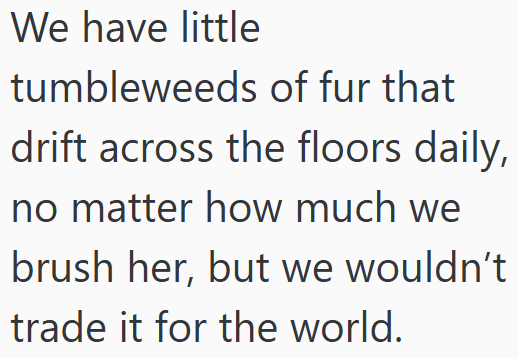 We have little tumbleweeds of fur that drift across the floors daily, no matter how much we brush her, but we wouldn't trade it for the world.