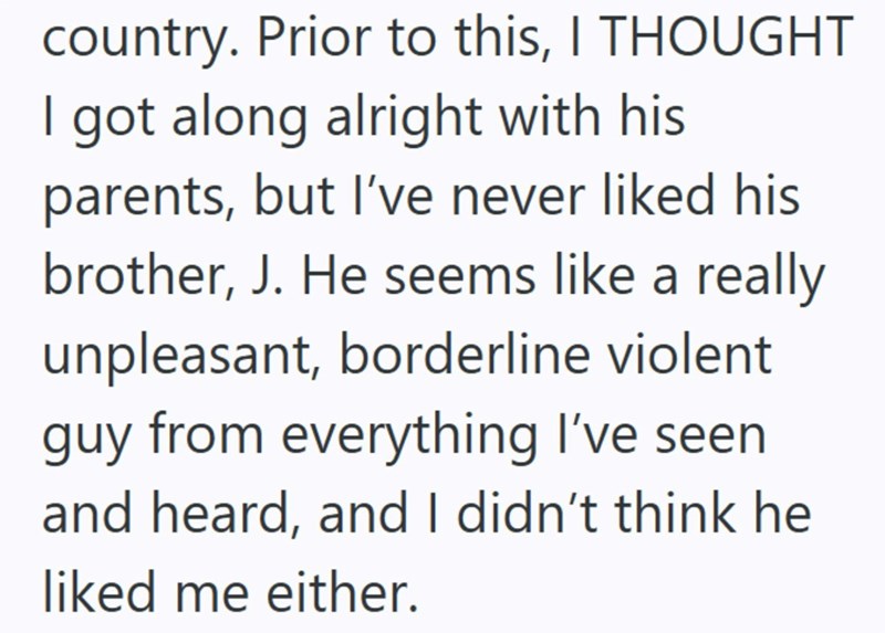 country. Prior to this, I THOUGHT I got along alright with his parents, but I've never liked his brother, J. He seems like a really unpleasant, borderline violent guy from everything I've seen and heard, and I didn't think he liked me either.