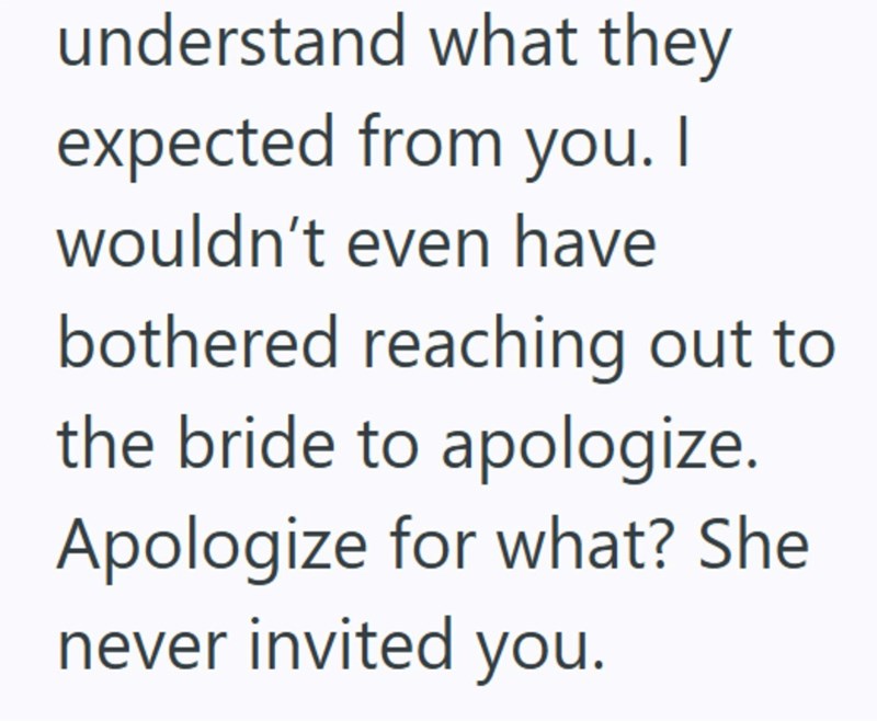 understand what they expected from you. I wouldn't even have bothered reaching out to the bride to apologize. Apologize for what? She never invited you.