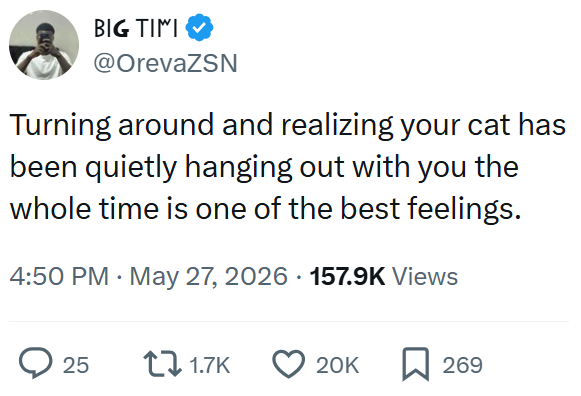 BIG TIMI @OrevaZSN Turning around and realizing your cat has been quietly hanging out with you the whole time is one of the best feelings. 4:50 PM May 27, 2026 157.9K Views > 25 1.7K 20K ☐ 269