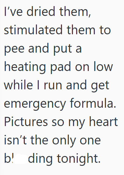 I've dried them, stimulated them to pee and put a heating pad on low while I run and get emergency formula. Pictures so my heart isn't the only one b! ding tonight.