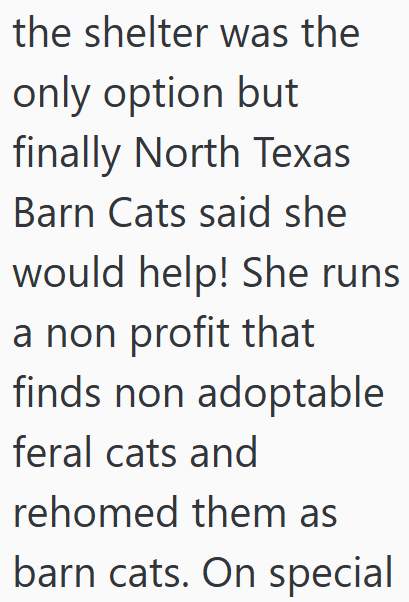 the shelter was the only option but finally North Texas Barn Cats said she would help! She runs a non profit that finds non adoptable feral cats and rehomed them as barn cats. On special