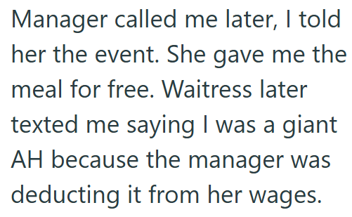 Manager called me later, I told her the event. She gave me the meal for free. Waitress later texted me saying I was a giant AH because the manager was deducting it from her wages.