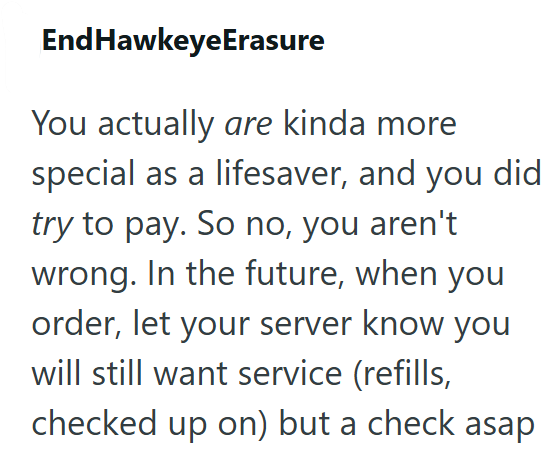 EndHawkeyeErasure You actually are kinda more special as a lifesaver, and you did try to pay. So no, you aren't wrong. In the future, when you order, let your server know you will still want service (refills, checked up on) but a check asap