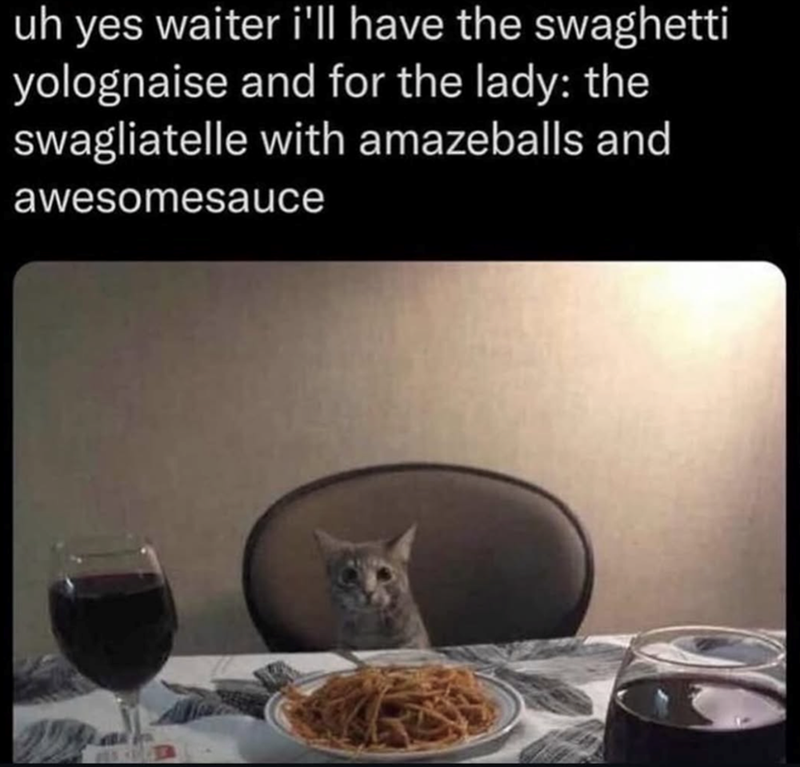 uh yes waiter i'll have the swaghetti yolognaise and for the lady: the swagliatelle with amazeballs and awesomesauce