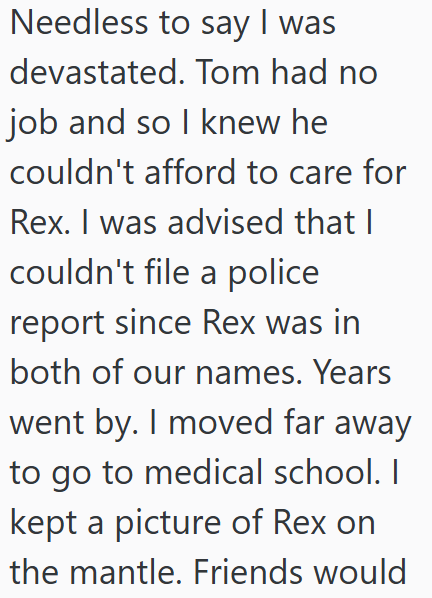 Needless to say I was devastated. Tom had no job and so I knew he couldn't afford to care for Rex. I was advised that I couldn't file a police report since Rex was in both of our names. Years went by. I moved far away to go to medical school. I kept a picture of Rex on the mantle. Friends would