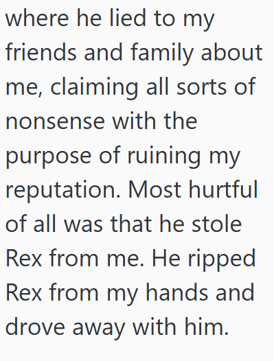 where he lied to my friends and family about me, claiming all sorts of nonsense with the purpose of ruining my reputation. Most hurtful of all was that he stole Rex from me. He ripped Rex from my hands and drove away with him.