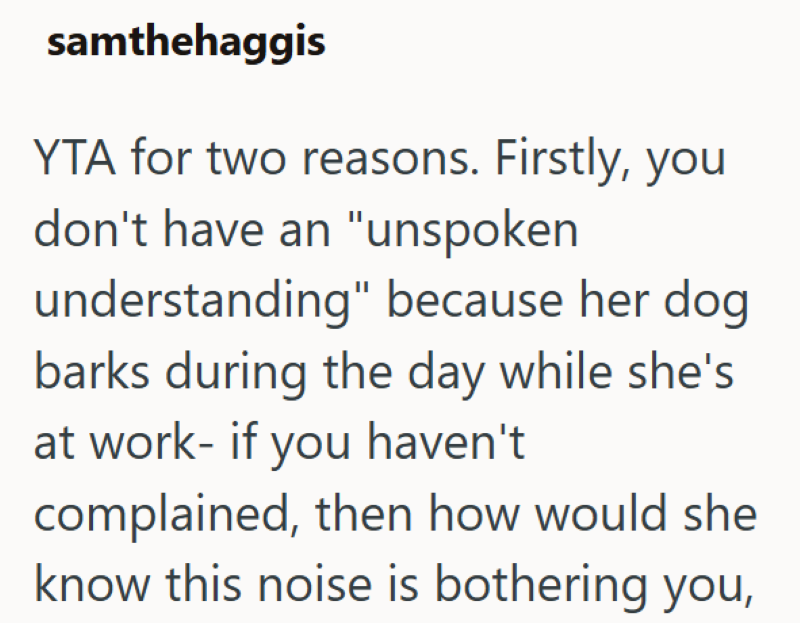 samthehaggis YTA for two reasons. Firstly, you don't have an "unspoken understanding" because her dog barks during the day while she's at work- if you haven't complained, then how would she know this noise is bothering you,