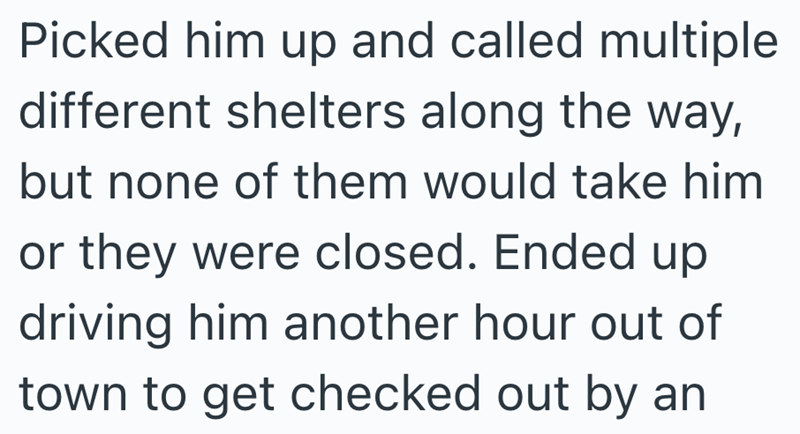 Picked him up and called multiple different shelters along the way, but none of them would take him or they were closed. Ended up driving him another hour out of town to get checked out by an