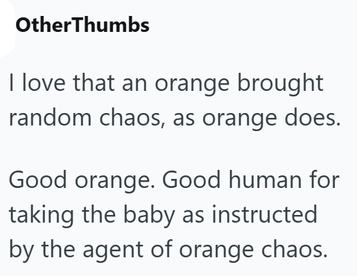 OtherThumbs I love that an orange brought random chaos, as orange does. Good orange. Good human for taking the baby as instructed by the agent of orange chaos.