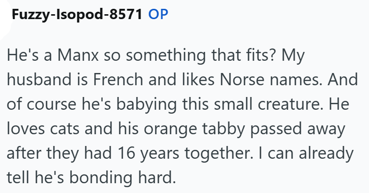 Fuzzy-Isopod-8571 OP He's a Manx so something that fits? My husband is French and likes Norse names. And of course he's babying this small creature. He loves cats and his orange tabby passed away after they had 16 years together. I can already tell he's bonding hard.