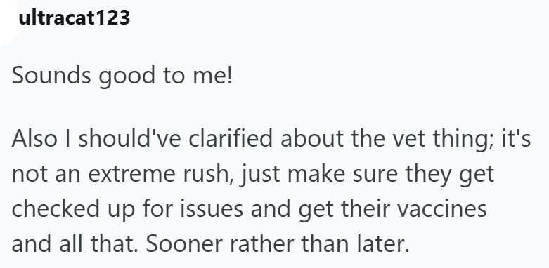 ultracat123 Sounds good to me! Also I should've clarified about the vet thing; it's not an extreme rush, just make sure they get checked up for issues and get their vaccines and all that. Sooner rather than later.