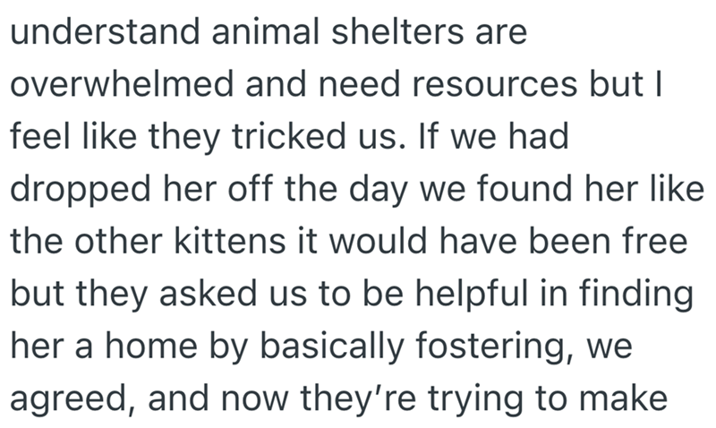 understand animal shelters are overwhelmed and need resources but I feel like they tricked us. If we had dropped her off the day we found her like. the other kittens it would have been free but they asked us to be helpful in finding her a home by basically fostering, we agreed, and now they're trying to make