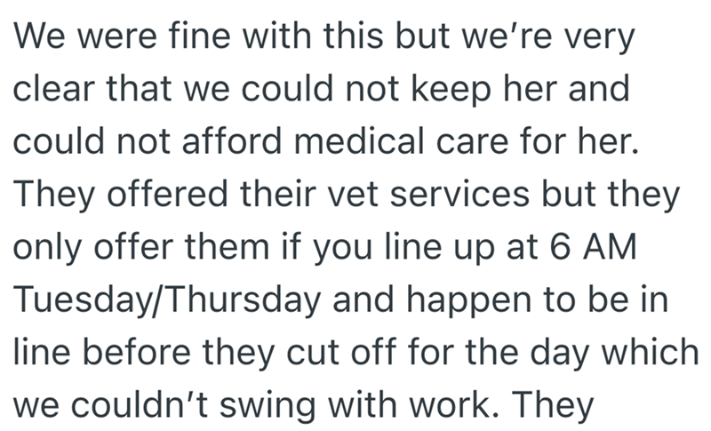 We were fine with this but we're very clear that we could not keep her and could not afford medical care for her. They offered their vet services but they only offer them if you line up at 6 AM Tuesday/Thursday and happen to be in line before they cut off for the day which we couldn't swing with work. They