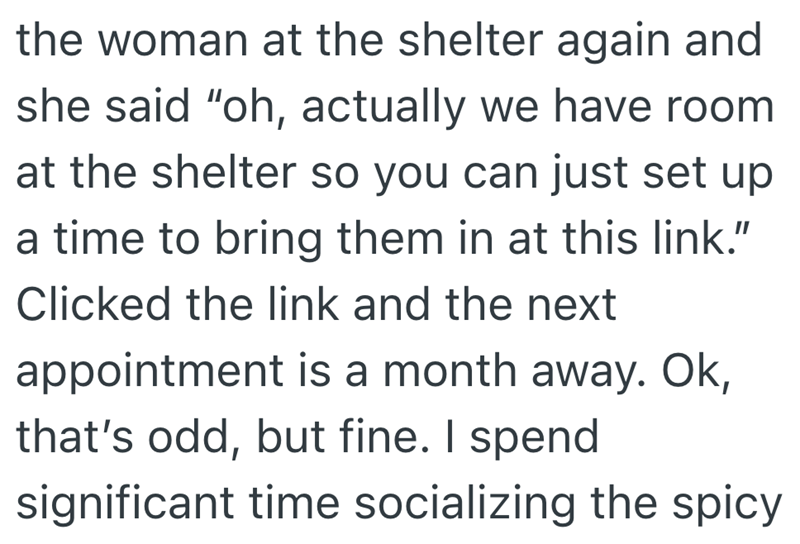 the woman at the shelter again and she said "oh, actually we have room at the shelter so you can just set up a time to bring them in at this link." Clicked the link and the next appointment is a month away. Ok, that's odd, but fine. I spend significant time socializing the spicy