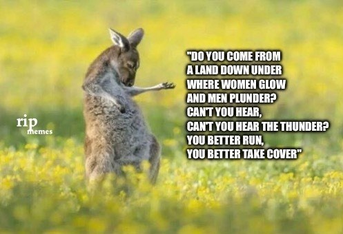 rip memes "DO YOU COME FROM A LAND DOWN UNDER WHERE WOMEN GLOW AND MEN PLUNDER? CAN'T YOU HEAR, CAN'T YOU HEAR THE THUNDER? YOU BETTER RUN, YOU BETTER TAKE COVER"