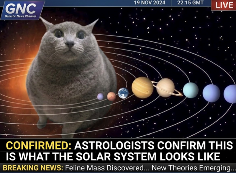 GNC Galactic News Channel 19 NOV 2024 22:15 GMT LIVE CONFIRMED: ASTROLOGISTS CONFIRM THIS IS WHAT THE SOLAR SYSTEM LOOKS LIKE BREAKING NEWS: Feline Mass Discovered... New Theories Emerging...