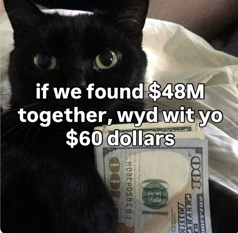 DOI if we found $48M together, wyd wit yo $60 dollars wwwwwwwwwwwwww FBJ8S0 320 H CHAKO KICT PAZALER STAVING CHA SUB 1036