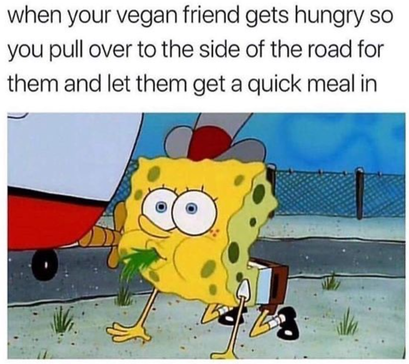 when your vegan friend gets hungry so you pull over to the side of the road for them and let them get a quick meal in