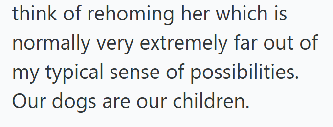 think of rehoming her which is normally very extremely far out of my typical sense of possibilities. Our dogs are our children.