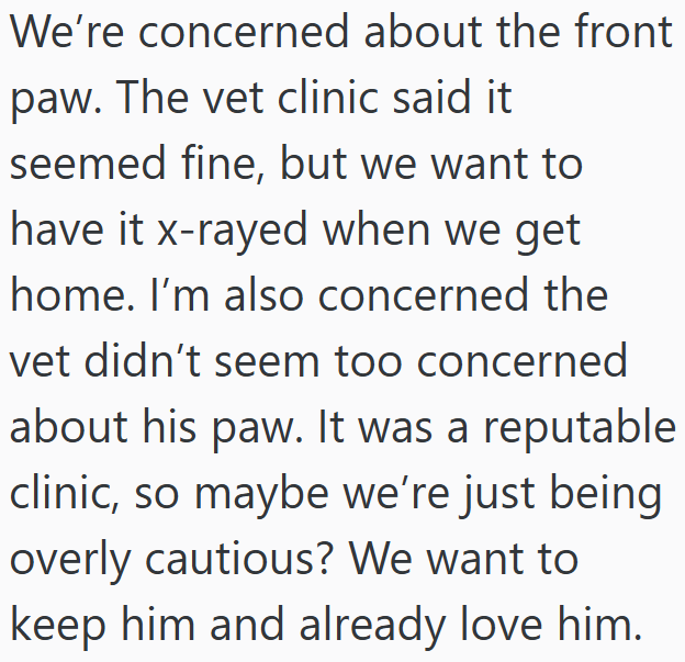 We're concerned about the front paw. The vet clinic said it seemed fine, but we want to have it x-rayed when we get home. I'm also concerned the vet didn't seem too concerned about his paw. It was a reputable clinic, so maybe we're just being overly cautious? We want to keep him and already love him.