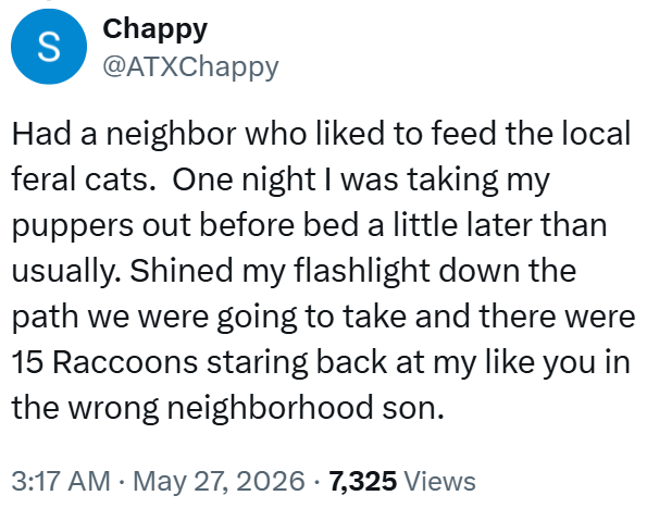 S Chappy @ATXChappy Had a neighbor who liked to feed the local feral cats. One night I was taking my puppers out before bed a little later than usually. Shined my flashlight down the path we were going to take and there were 15 Raccoons staring back at my like you in the wrong neighborhood son. 3:17 AM May 27, 2026 7,325 Views