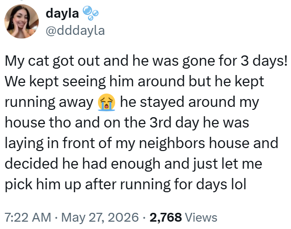 dayla @dddayla My cat got out and he was gone for 3 days! We kept seeing him around but he kept running away he stayed around my house tho and on the 3rd day he was laying in front of my neighbors house and decided he had enough and just let me pick him up after running for days lol 7:22 AM May 27, 2026 - 2,768 Views