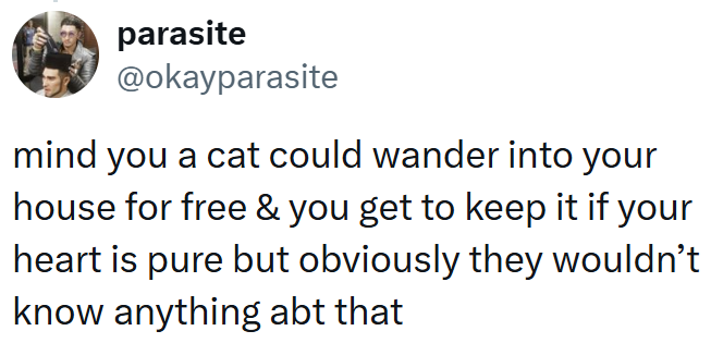 parasite @okayparasite mind you a cat could wander into your house for free & you get to keep it if your heart is pure but obviously they wouldn't know anything abt that