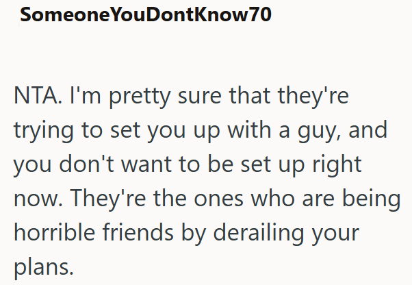 Someone You Dont Know 70 NTA. I'm pretty sure that they're trying to set you up with a guy, and you don't want to be set up right now. They're the ones who are being horrible friends by derailing your plans.