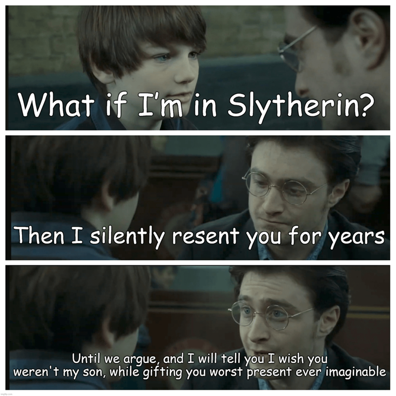 What if I'm in Slytherin? Then I silently resent you for years Until we argue, and I will tell you I wish you weren't my son, while gifting you worst present ever imaginable
