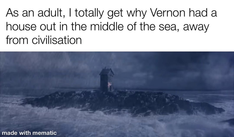 As an adult, I totally get why Vernon had a house out in the middle of the sea, away from civilisation made with mematic