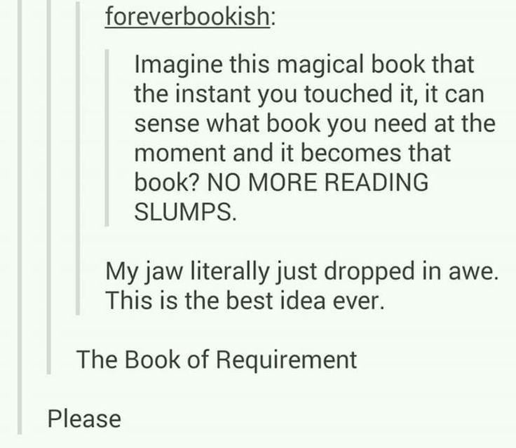 foreverbookish: Imagine this magical book that the instant you touched it, it can sense what book you need at the moment and it becomes that book? NO MORE READING SLUMPS. My jaw literally just dropped in awe. This is the best idea ever. The Book of Requirement Please