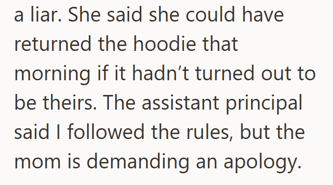 a liar. She said she could have returned the hoodie that morning if it hadn't turned out to be theirs. The assistant principal said I followed the rules, but the mom is demanding an apology.