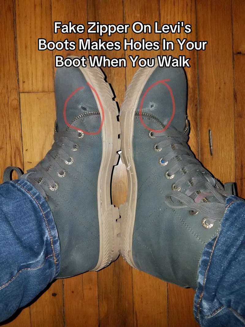 Fake Zipper On Levi's Boots Makes Holes In Your Boot When You Walk