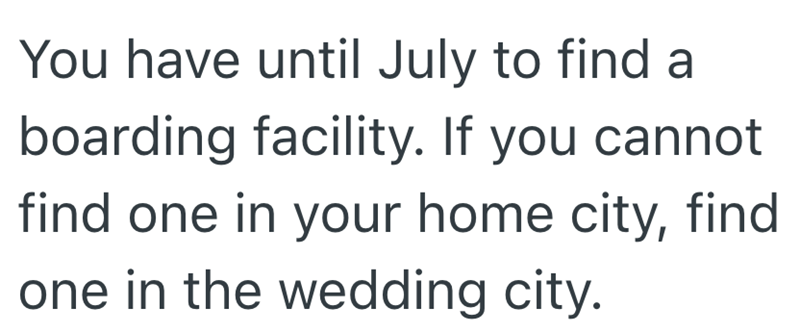You have until July to find a boarding facility. If you cannot find one in your home city, find one in the wedding city.