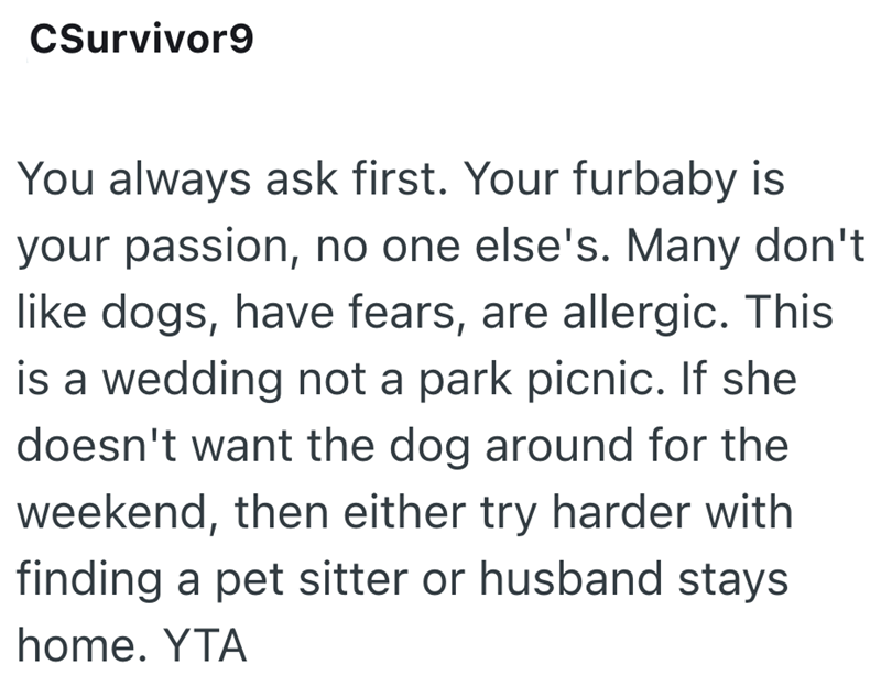 CSurvivor9 You always ask first. Your furbaby is your passion, no one else's. Many don't like dogs, have fears, are allergic. This is a wedding not a park picnic. If she doesn't want the dog around for the weekend, then either try harder with finding a pet sitter or husband stays home. YTA