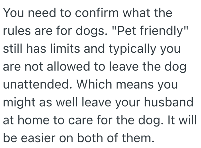 You need to confirm what the rules are for dogs. "Pet friendly" still has limits and typically you are not allowed to leave the dog unattended. Which means you might as well leave your husband at home to care for the dog. It will be easier on both of them.