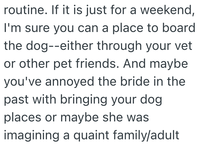 routine. If it is just for a weekend, I'm sure you can a place to board the dog--either through your vet or other pet friends. And maybe you've annoyed the bride in the past with bringing your dog. places or maybe she was imagining a quaint family/adult