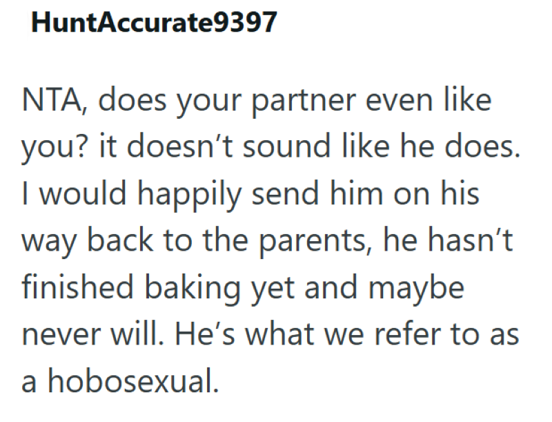 HuntAccurate9397 NTA, does your partner even like you? it doesn't sound like he does. I would happily send him on his way back to the parents, he hasn't finished baking yet and maybe never will. He's what we refer to as a hobosexual.