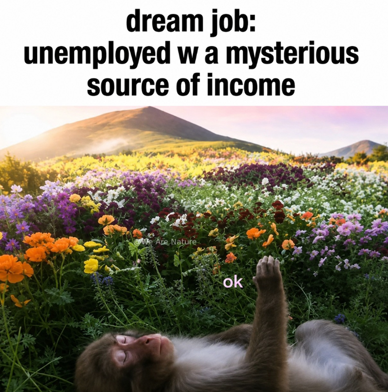 dream job: unemployed w a mysterious source of income We Are Nature ok