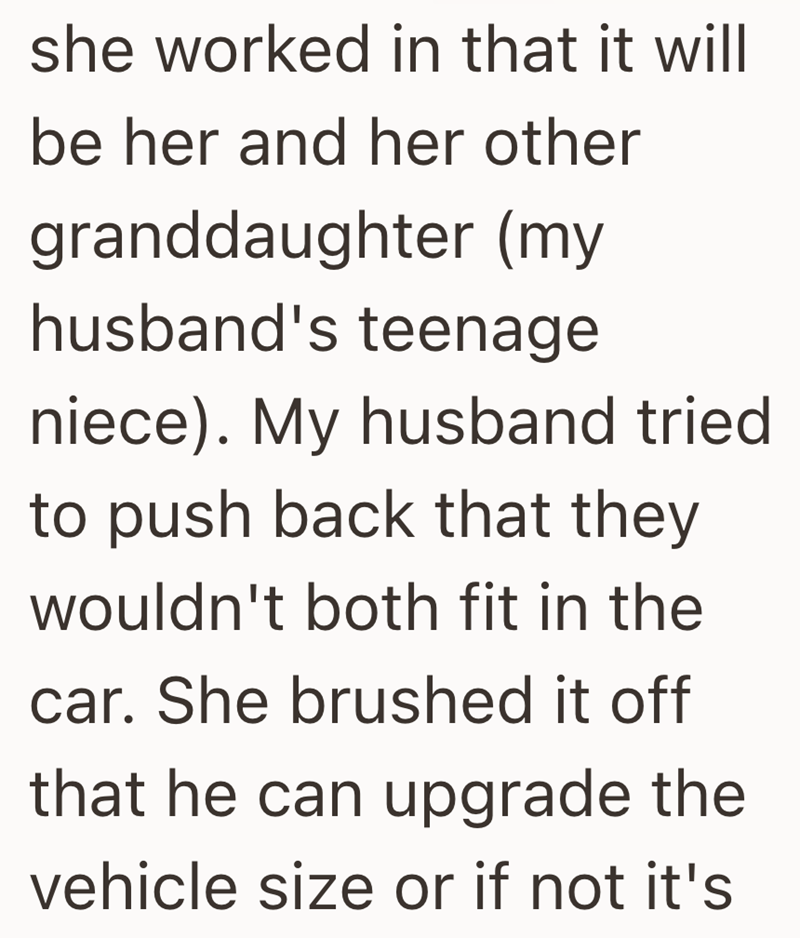 she worked in that it will be her and her other granddaughter (my husband's teenage niece). My husband tried to push back that they wouldn't both fit in the car. She brushed it off that he can upgrade the vehicle size or if not it's