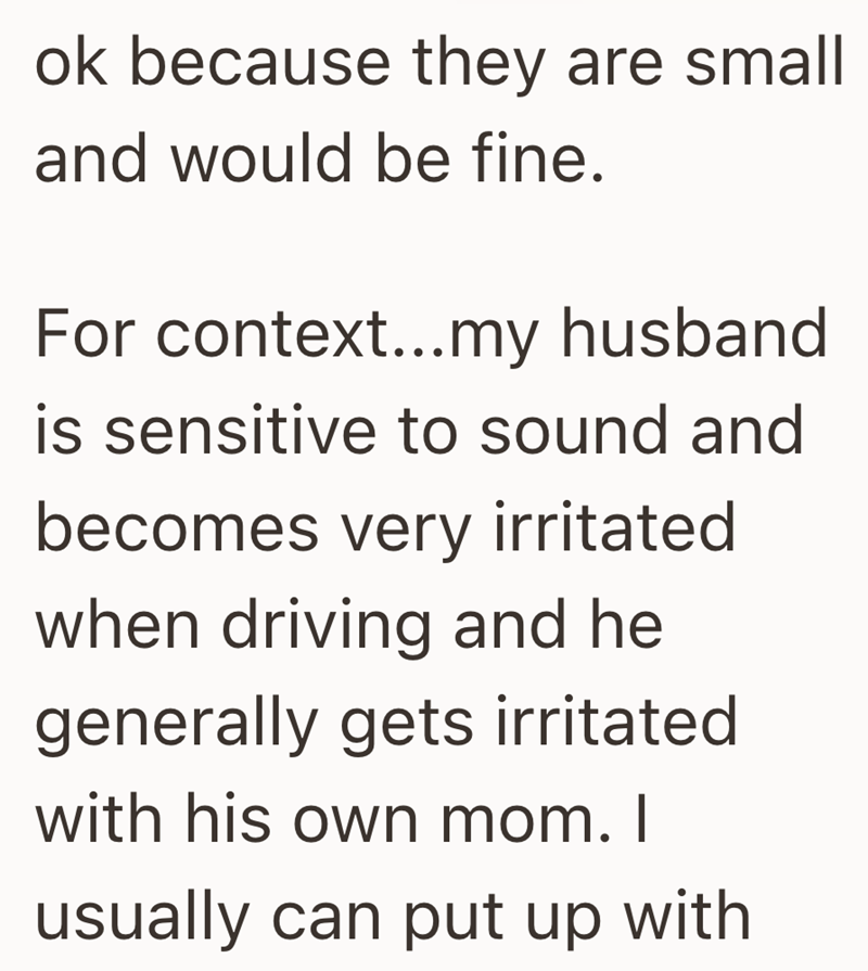 ok because they are small and would be fine. For context...my husband is sensitive to sound and becomes very irritated when driving and he generally gets irritated with his own mom. I usually can put up with