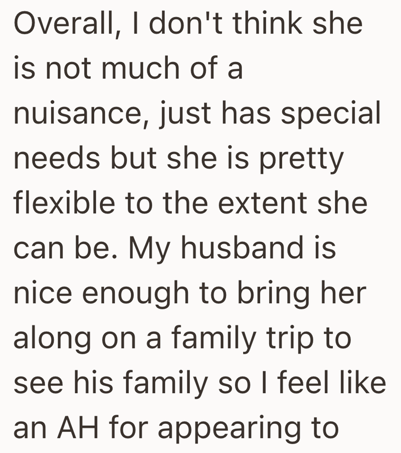 Overall, I don't think she is not much of a nuisance, just has special needs but she is pretty flexible to the extent she can be. My husband is nice enough to bring her along on a family trip to see his family so I feel like an AH for appearing to