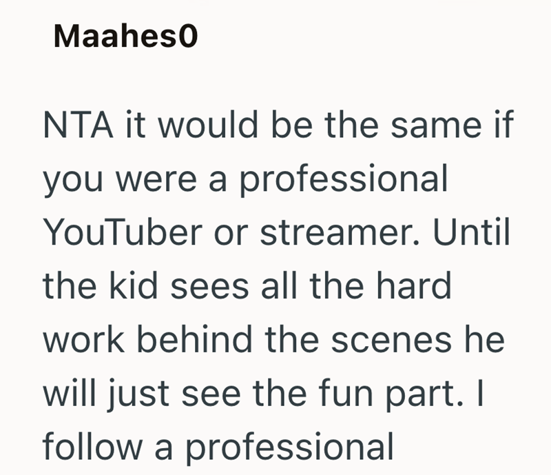 Maahes0 NTA it would be the same if you were a professional YouTuber or streamer. Until the kid sees all the hard work behind the scenes he will just see the fun part. I follow a professional