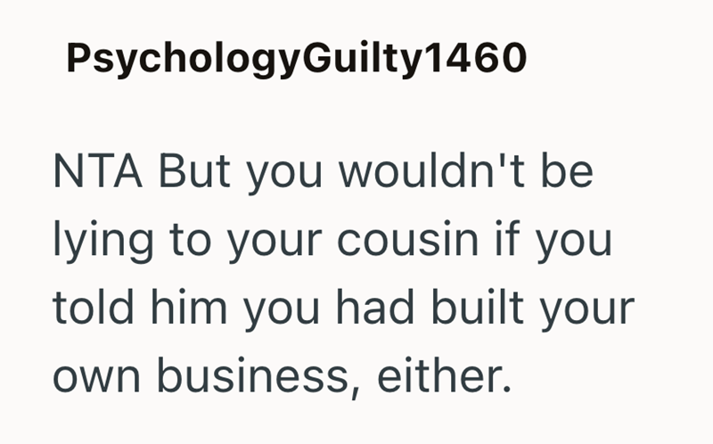 PsychologyGuilty 1460 NTA But you wouldn't be lying to your cousin if you told him you had built your own business, either.