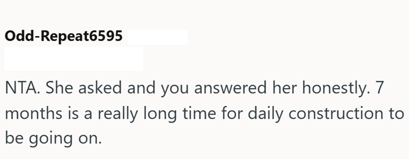 Odd-Repeat6595 NTA. She asked and you answered her honestly. 7 months is a really long time for daily construction to be going on.